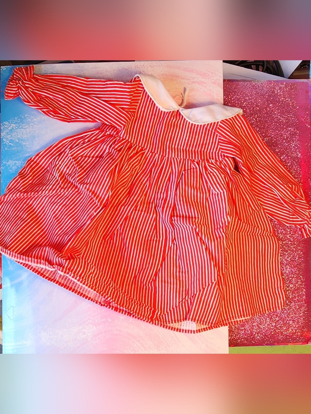 Pier One Imports BABY DOLL DRESS Red w/White Stripes Collar Fits 13 Inch Doll